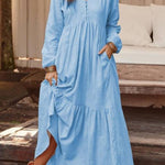 V-neck long-sleeved loose-fitting long skirt