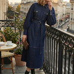 Puff Sleeves Belted Buttoned Pockets Split-Joint Lapel Midi Dresses