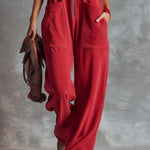 Retro Fashiona Sporty Hooded V-neck Front Zipper Raspberry Red Cotton Jumpsuit
