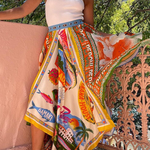 Summer Destination Satin Unique Print Elastic Waist Irregular Hem Maxi Skirt