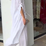 Tehla Linen Blend Ring Tie-up Detail Midi Blouse and Elastic Waist Pocketed Loose Pants Set