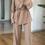 Casual Solid Color Lappel Top & Pants Two-Piece Set