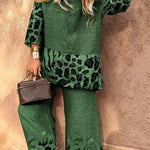Leopard Print Crew Neck Loose Top and Elastic Waist Casual Wide-leg Pants Set