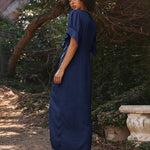 V Neck Short Sleeve Button Down Blouse Dress Tie Casual Long Maxi Dresses