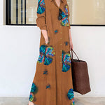 Lapel Long Sleeve Long Shirt Dress butterfly Printed Loose Plus Size Maxi Dresses