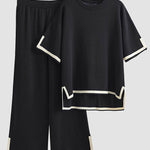 Nadorine Contrasting Color Slit Short-sleeved Sweater Wide-leg Trousers Two-piece Set