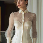 Pearl-Embellished Sheer Sleeve Structured Blouse