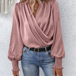 Nadorine Elegant V-neck Lantern Sleeve Blouse Temperament Solid Color Shirt for Women Casual Work Office Loose Fit 2026 | Under $40
