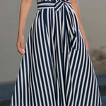 Sleeveless Wrap-Style Midi Dress With Vertical Stripe Pattern