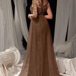 Evening Gown Dark Brown Sequined Lace Tulle Overskirt Mermaid Maxi Dress