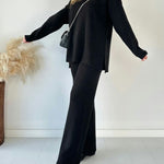 Solid Color Loose Hem Slit Two-piece Sweater Set