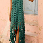 Juju Embroidered Cutout Polka Dots Square Neck Tassel Hem Slip Maxi Dress