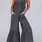 Grey Solid Color Sleeveless Flare Leg Jumpsuit with Pockets