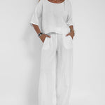 Two-piece Set Loose Vacation O-neck Half Sleeve Solid Tops Casual Wide Leg Pants Suits