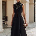 Embroidered Stand-Collar Zip-Front Midi Dress