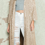 Apricot Sequin 3/4 Sleeve Open Front Duster Cardigan