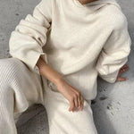 Nadorine Casual Street Loose Two-piece Sweatsuit Hooded Knitted Loose Top + Wide-leg Pants