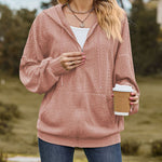 V-Neck Zipper Closure Solid Color Long Loose Hoodie Jacket