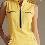 Stylish And Casual Yellow Stand-up Collar Sleeveless Midi Dress