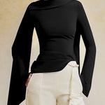 Flared Sleeves Long Sleeves Solid Color Zipper Boat Neck T-Shirts Tops