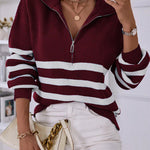 V Neck Collar Ribbed Knitted Stripe Pullover Sweater