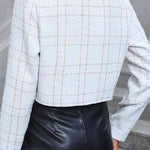 Zayla Tweed Plaid Fabric Round Neck Metal Buckle Crop Coat