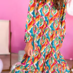 Multicolor Abstract Geometric Print Notch Neck Tiered Boho Dress