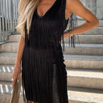 V-neck tassel sleeveless mini dress