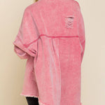 Nadorine Cropped Jacket Frayed Hem Button Long Sleeves Casual Loose Solid Color Denim Jacket