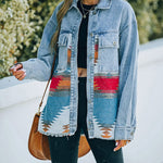 Nadorine Aztec Lapel Long Sleeve Retro Western Denim Jacket