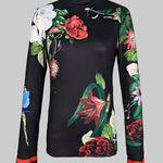 Long Sleeves Skinny Floral Printed Split-Joint High Neck T-shirts