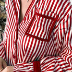 Striped Printed Color-blocked Trim Long-sleeved Loose Top and Elastic Waist Belt Wide-leg Pants Set