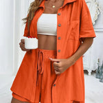 Two-Piece Set Short Sleeve Button Down Shirt Tops Sweat Shorts Summer Lounge Sets