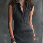 Boho Vintage Zip-Neck Sleeveless Mini Dress In Charcoal Grey