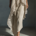 Women's Beige Linen Asymmetrical Hem Top And Straight Skirt Set