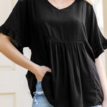 Plain V Neck Ruched Ruffle Trim Short Sleeve Blouse