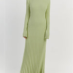 Long Sleeve Dress Crew-Neck Knit Maxi Dress Ribbed Elegant Long High Waist Pleated Dresses