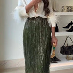 Party Crasher Layered Sequined Tassels High Rise Back Zipper Midi Skirt
