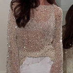 Fashion Sequined Hollow Long Sleeve Loose Knit Top