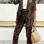 Wild Personality Leopard Pocket Relaxed Lapel Blazer and Elastic Waist Pants Set