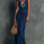 Boho-Vintage Elegant Imitation Denim Indigo Ruched Maxi Dress