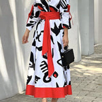 A-Line Long Sleeves Buttoned Contrast Color Tied Waist Notched Collar Maxi Dresses Shirt Dress