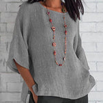 Nadorine Cropped Sleeves Cotton Linen T-Shirt Boho Vintage Loose Fit Tunic Tops Plain Crewneck Tees