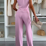 Workplace Chic Sleeveless Button Vest and Relaxed Pocket Wide Leg Pants Set