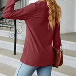 Solid Color V-Neck Buttoned Jacquard Loose-Fitting Long-Sleeved T-Shirt Top