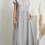 Loose Short Sleeves Pleated Solid Color Round-Neck Midi Dresses