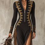 Black Stand Collar Zip Front Gold Embroidery High Slit Fringe Maxi Dress