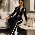 Black Contrast Stripe Tracksuit Set Half Zip Collar Top & Drawstring Waist Wide Leg Pants