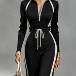 Black Contrast Stripe Tracksuit Set Half Zip Collar Top & Drawstring Waist Wide Leg Pants