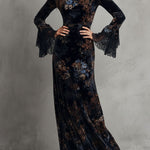 Midnight Floral Velvet Flowing Gown With Lace-Trim Bell Sleeves